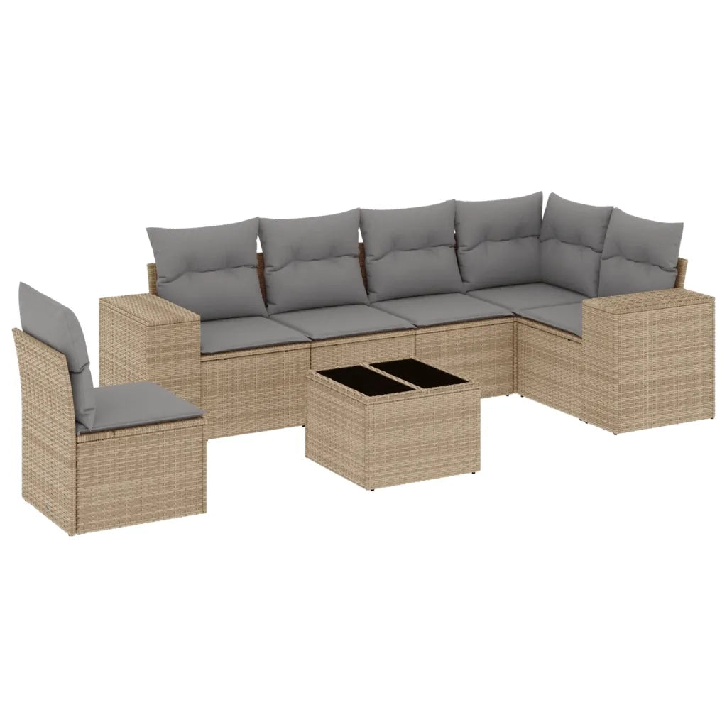 Set Divani da Giardino 7 pz con Cuscini Beige in Polyrattan