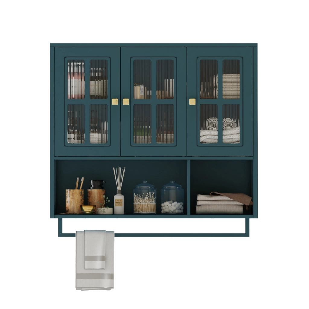 OKWISH Pensile da Bagno con 3 Ante, 1 Vano Aperto e Portasciugamani, MDF e Vetro, Verde Scuro, 88×26×82,5 cm