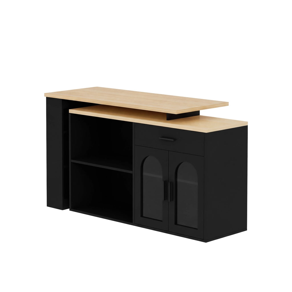 Isola da cucina con piano girevole 360°, mobile contenitore, scrivania e credenza con ripiani, Nero/Naturale