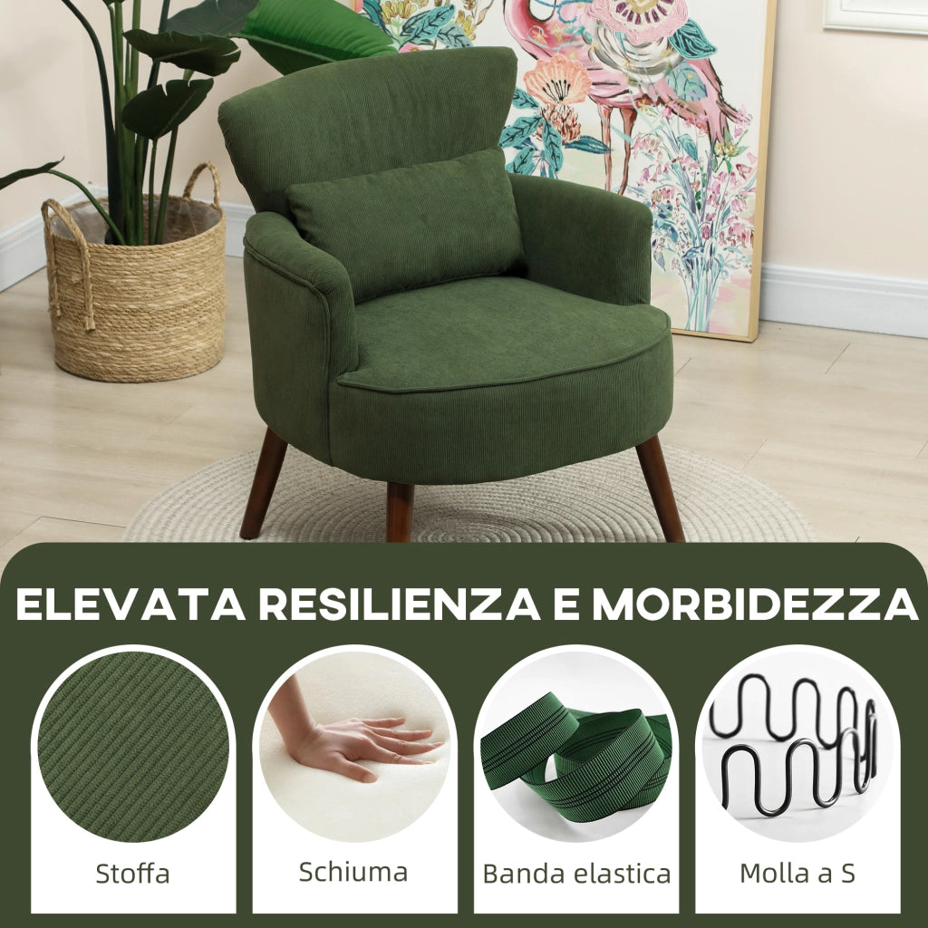 Poltrona in velluto verde con cuscino lombare e gambe in legno ¨C zephmum ¨C verde