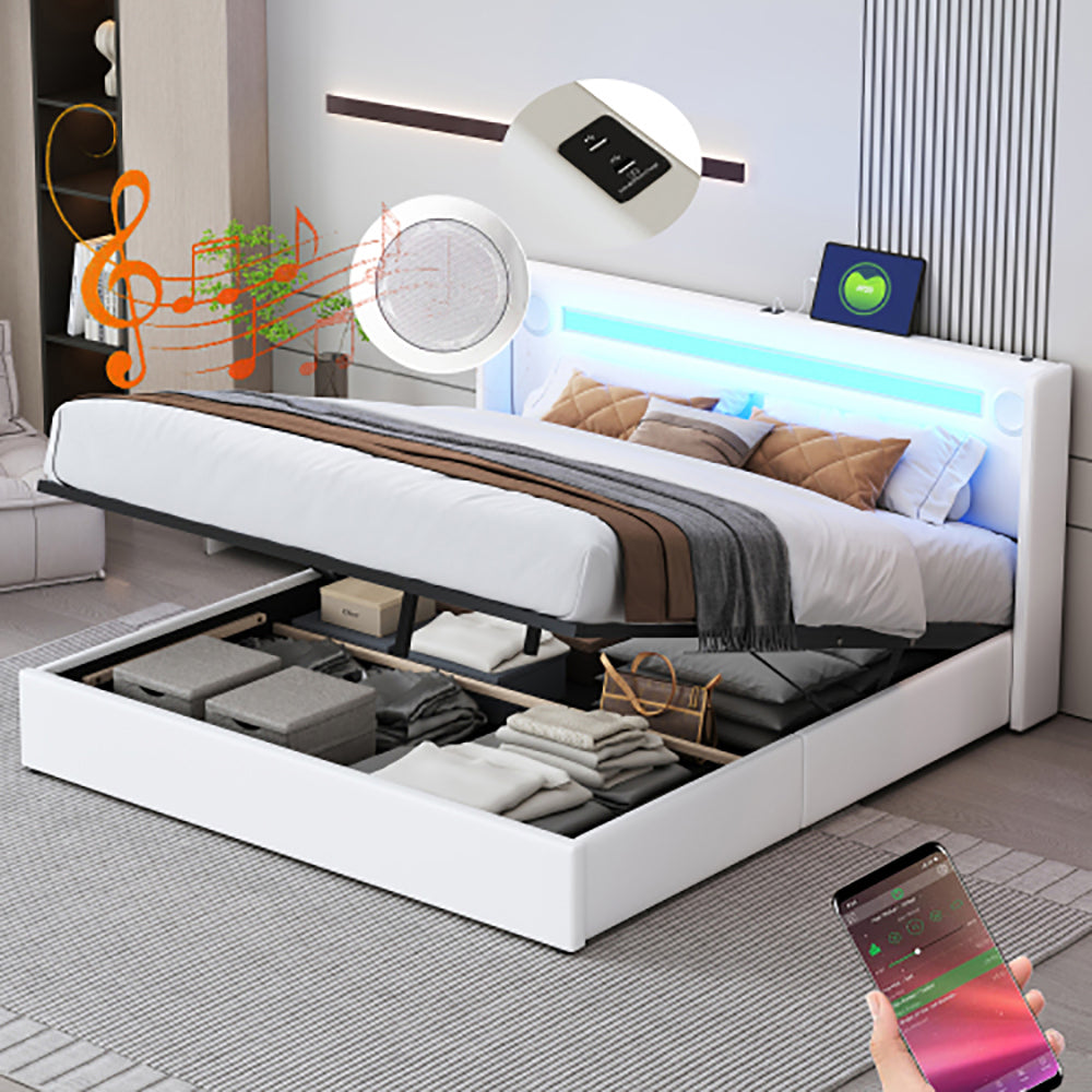 Letto con cassetti e LED Bluetooth - Xylo - 160x200 cm - Bianco - USB e rivestimento in pelle