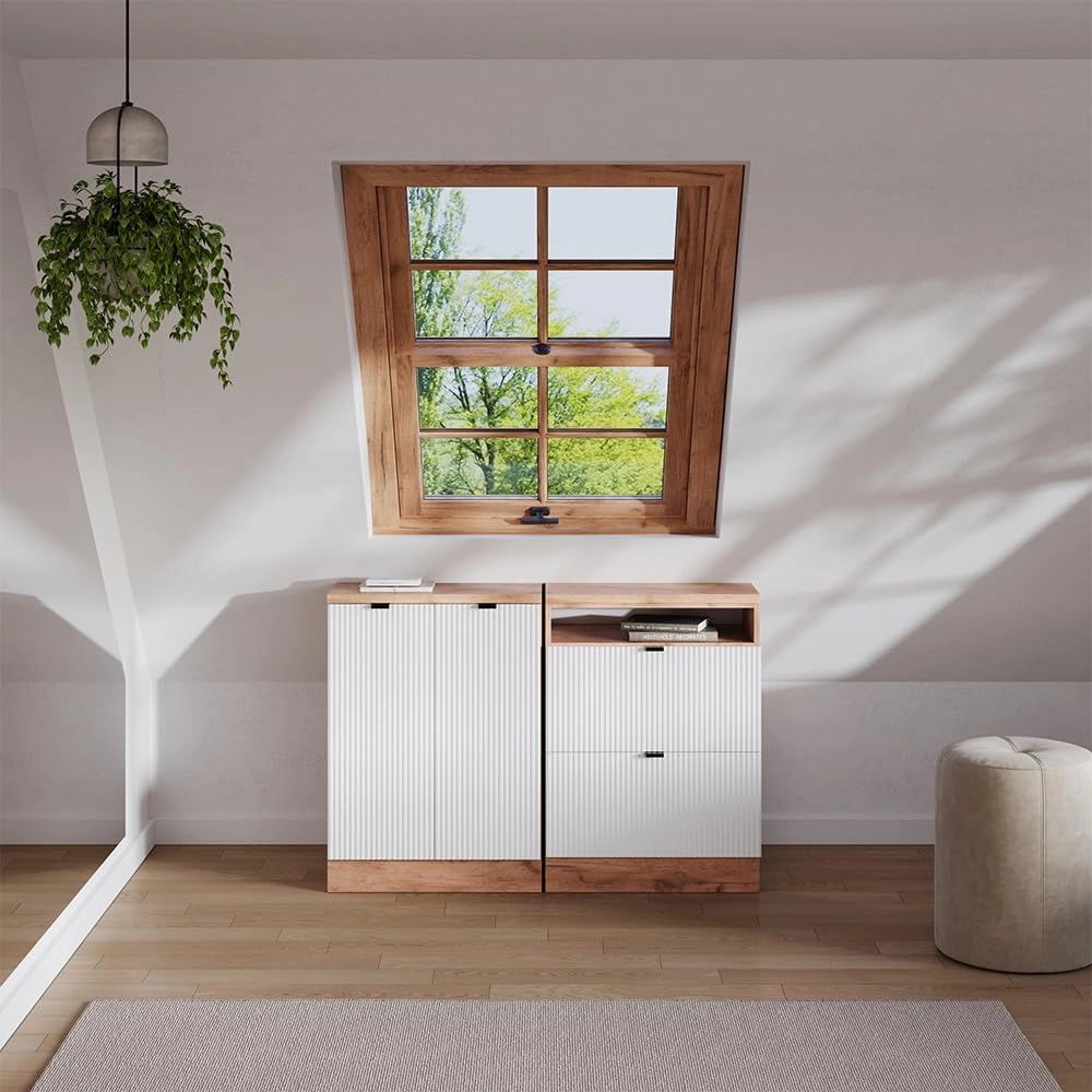 Set di mobili sottotetto Rion, Ondulazione bianca, 120 cm Set di 2 carcasse armadio profondità 60 cm, adatto per il salvaspazio sotto tetti spioventi