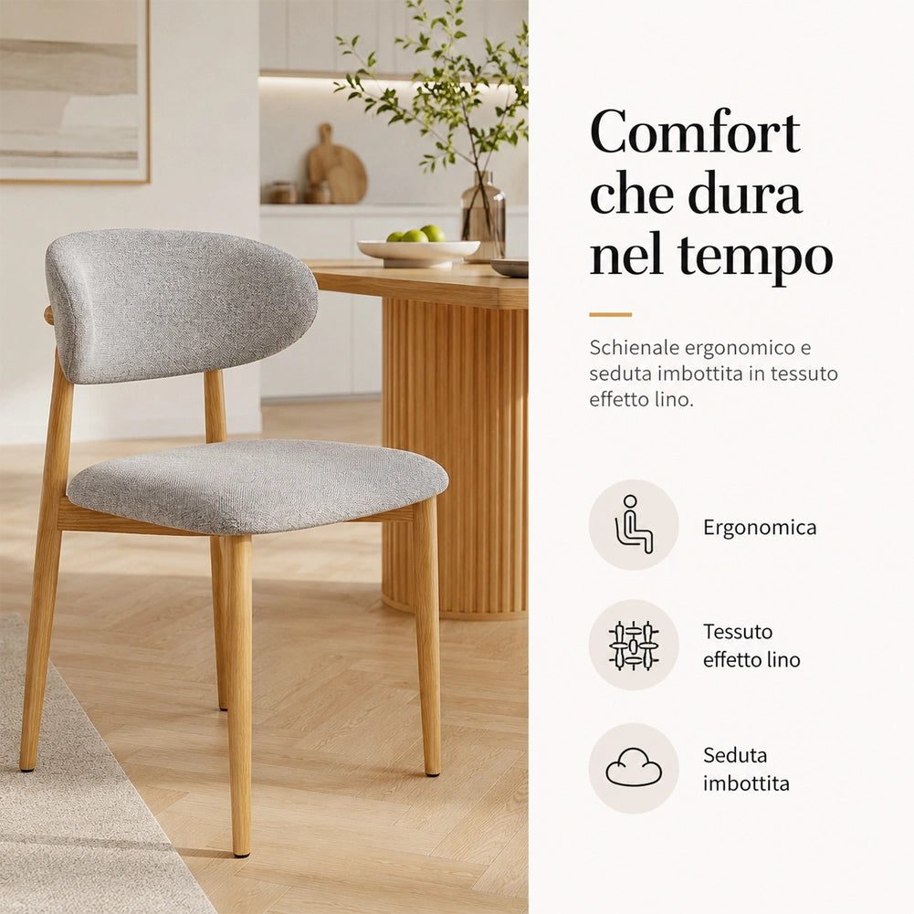 Set 4 Sedie da Pranzo con Gambe in Metallo Effetto Legno e Seduta Tessuto Grigio