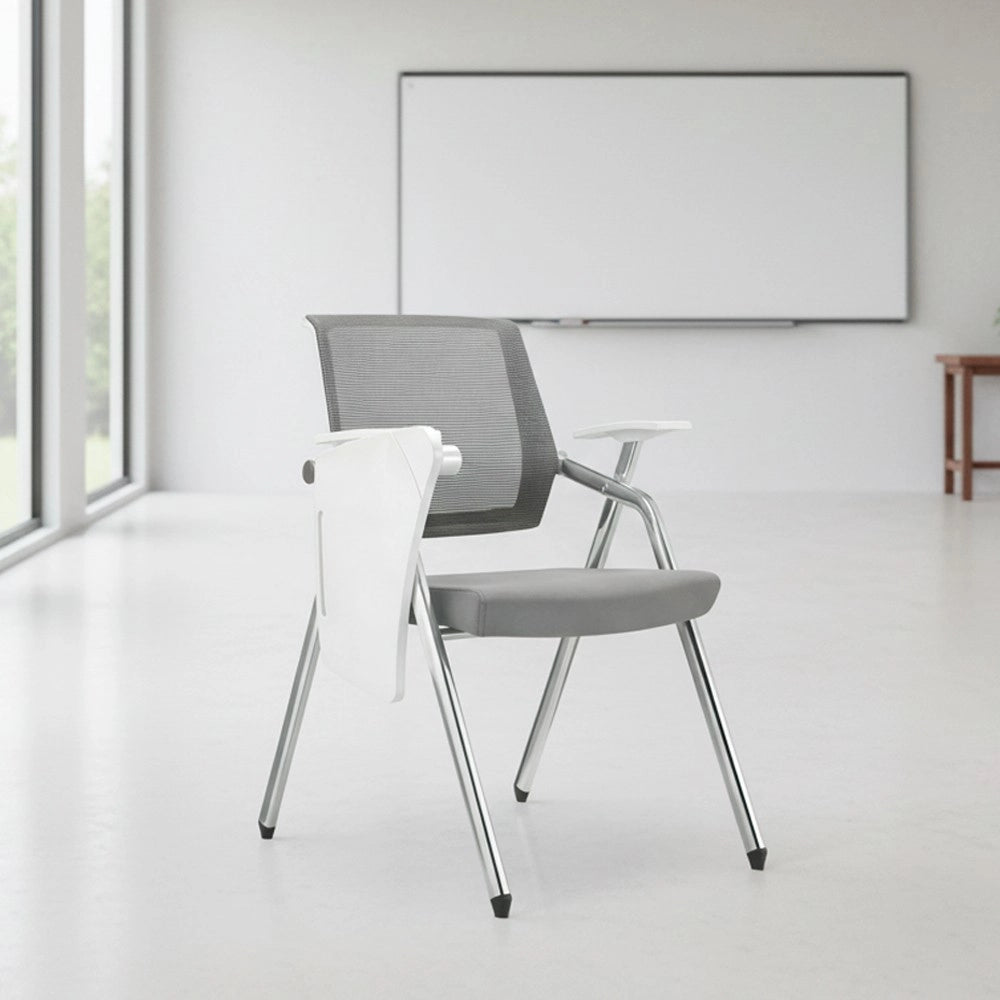 Sedia ufficio Loreto con tavolino ribaltabile schienale in rete grigio e gambe acciaio cromato
