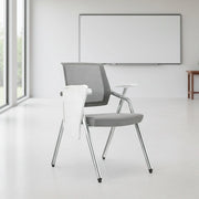 Sedia ufficio Loreto con tavolino ribaltabile schienale in rete grigio e gambe acciaio cromato