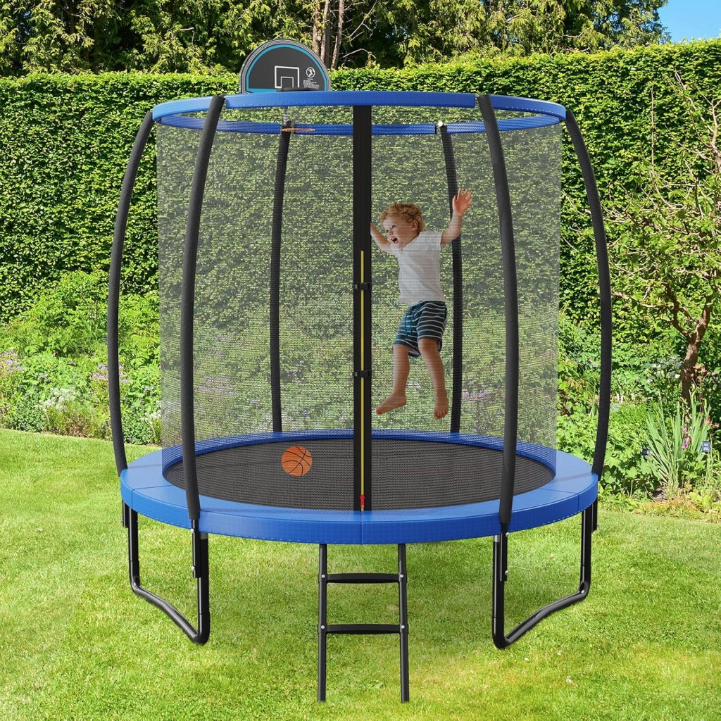 Trampolino da giardino rotondo con rete di sicurezza e copertura per bordi per bambini e adulti, blu + nero