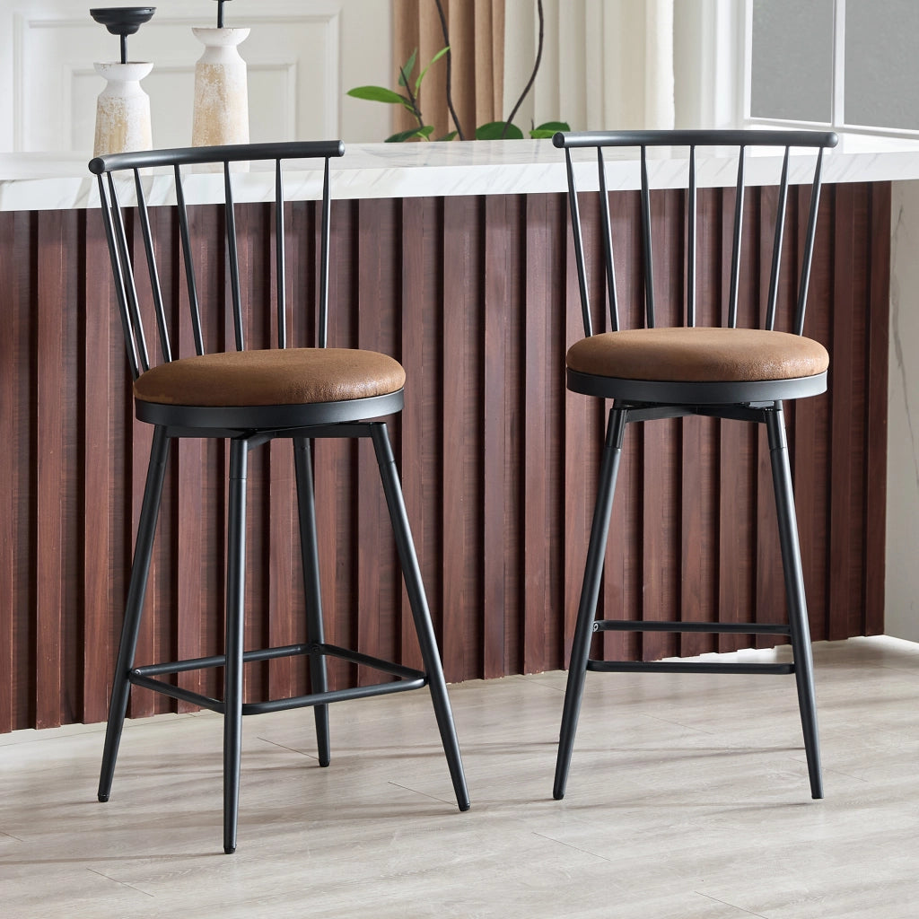 Sgabello da bar in metallo con schienale stile Windsor e seduta imbottita in tessuto marrone 73 × 45,5 × 45 cm