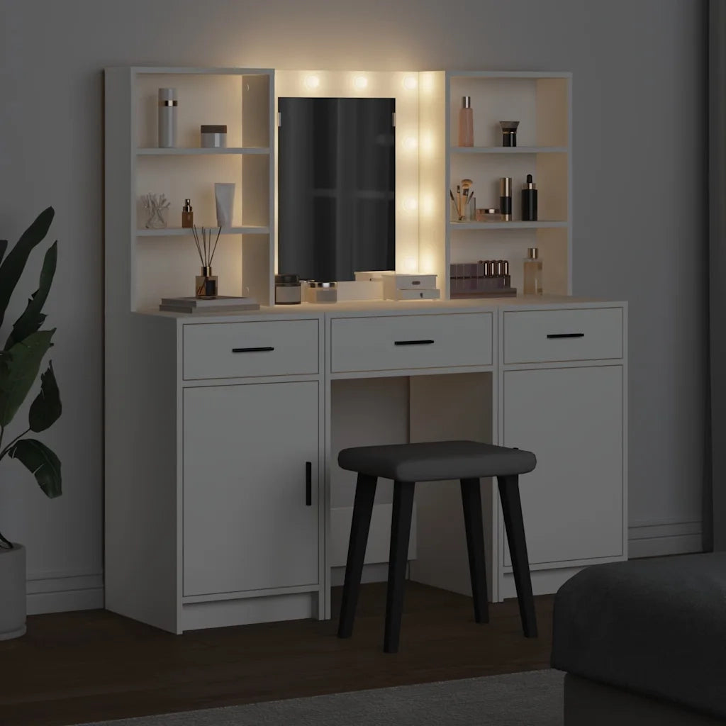 Set da Toeletta | Tavolo da Trucco con LED 3 pz Bianco Legno multistrato