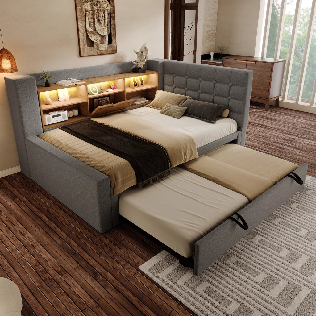 LETTO estraibile 90x200 cm in lino grigio con LED e porte USB