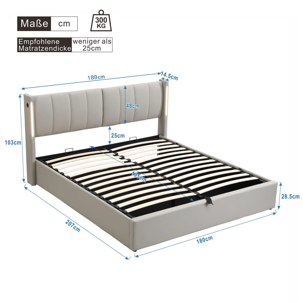 Letto imbottito idraulico con LED e USB 180x200 cm in similpelle grigia