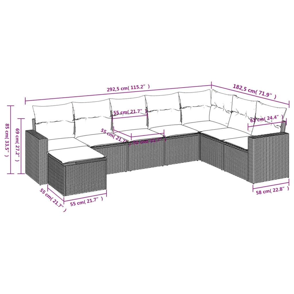 Set Divano da Giardino 8pz con Cuscini Grigio Chiaro Polyrattan 3219352