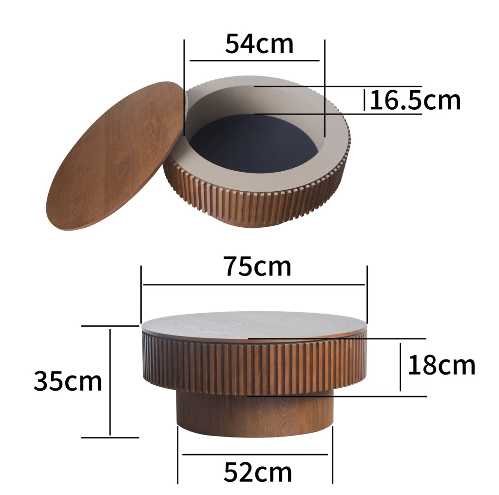 Tavolino da caffè rotondo con contenitore; design a fungo scanalato in legno e MDF; noce