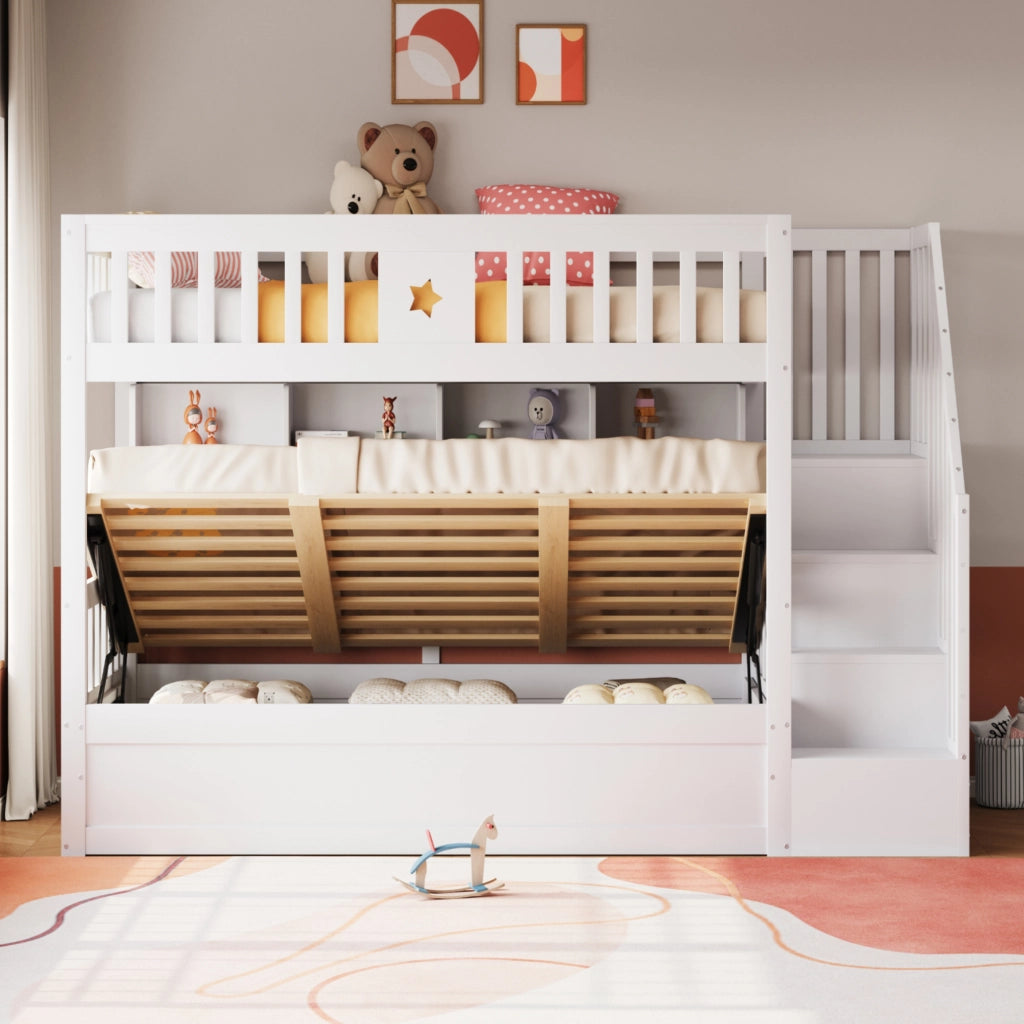 Letto a Castello 90x200 cm; Contenitore; Libreria; Scala con vani; in Legno; Bianco