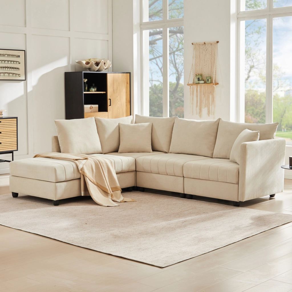 Divano modulare 5 posti beige con pouf mobile