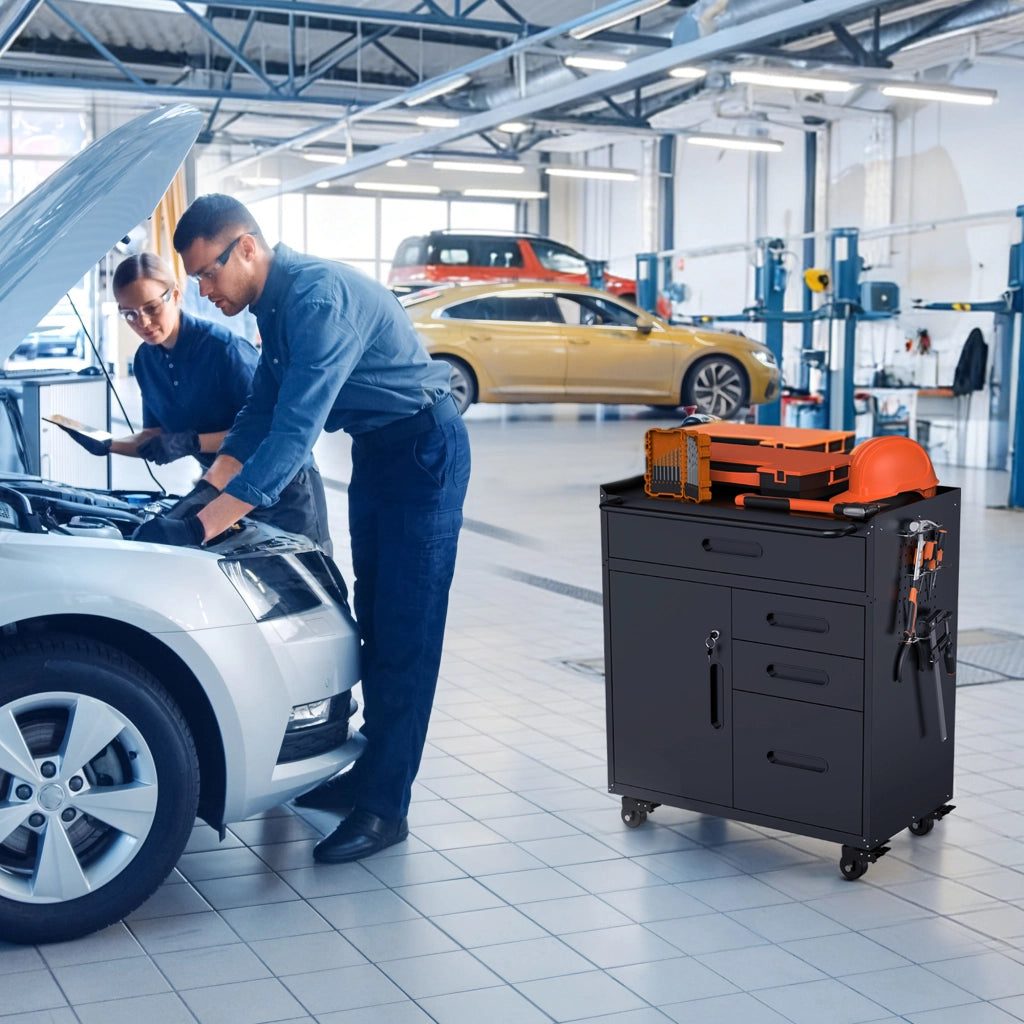 Mobile contenitore con serratura e 4 cassetti, per garage, in metallo, nero