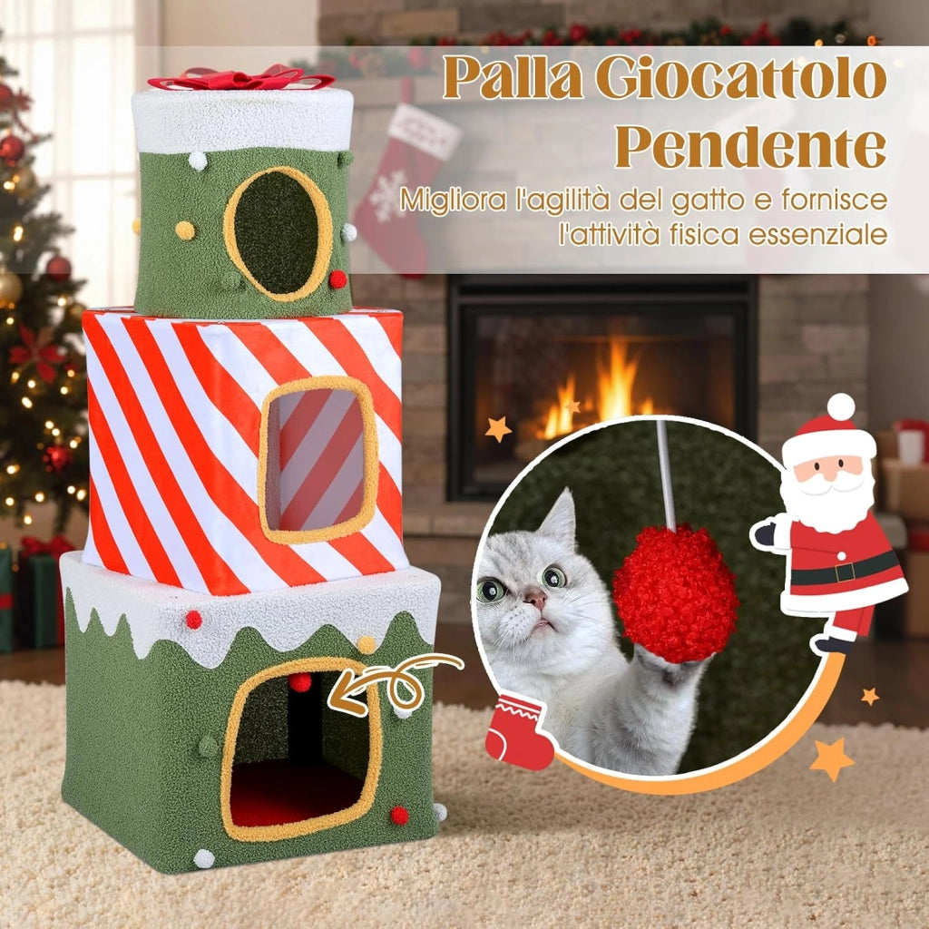 Albero di Natale per Gatti da Interno, Tiragraffi per Gatti con 3 Condo, Caverne Nascoste e Pallina Appesa, Grande Torre Impilabile a Forma di Scatola Regalo per Decorazioni Natali