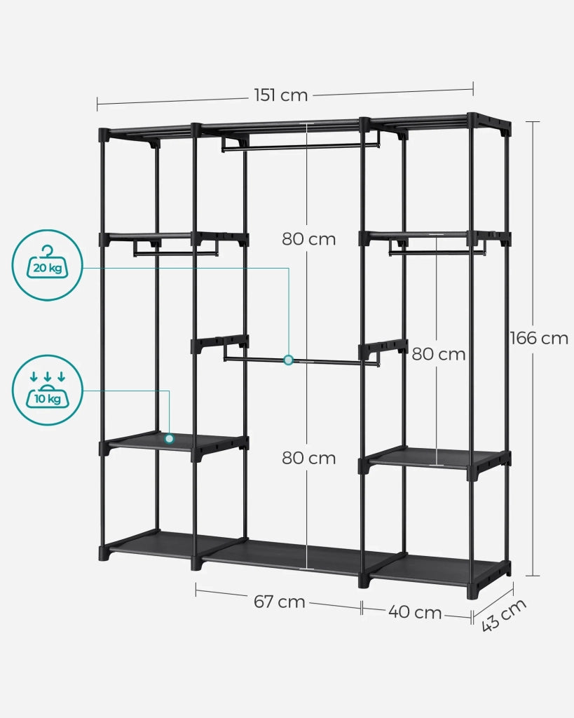 Armadio indipendente 112 x 43 x 165 cm armadio pieghevole con asta appendiabiti appendiabiti organizer portaoggetti cabina armadio camera da letto studio stabile nero 12_0003965