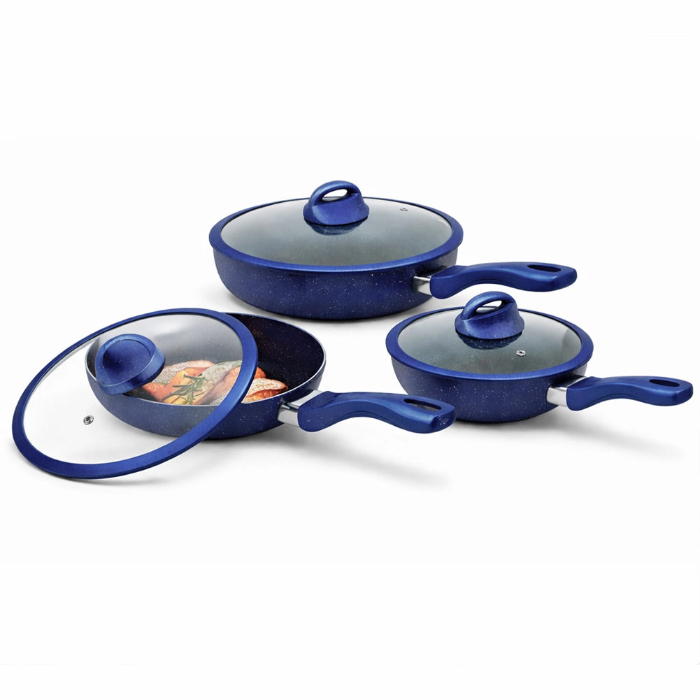 Set 6 Pezzi Padelle in Alluminio Blu con Coperchio per Tutti i Piani Cottura