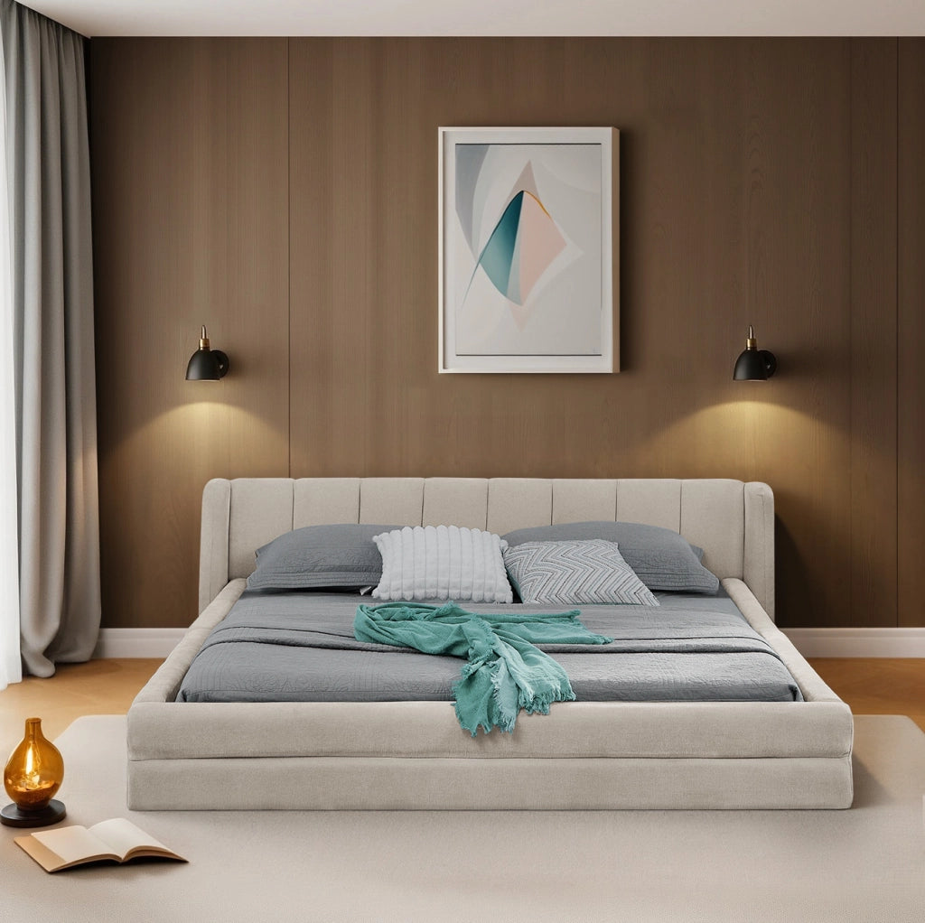 Letto matrimoniale 140x200 cm rivestito in chenille beige con testiera ergonomica e struttura rinforzata