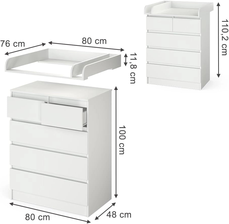 Fasciatoio Emma, Bianco, 80 x 110.2 cm con 5 cassetti, convertibile in una cassettiera tradizionale per un utilizzo versatile