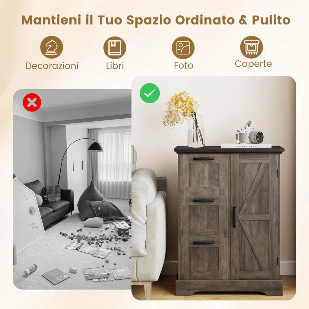 Mobile Bagno da Terra, Mobiletto Portaoggetti Moderno con Ante e 3 Cassetti, Armadietto Bagno per Cucina e Soggiorno, 60 x 30 x 80 cm (Grigio)