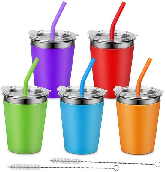 Set di 5 bicchieri in acciaio inossidabile da 350 ml - onbreekbaar - herbruikbare tazze con coperchio e beccuccio - impermeabili grazie alla guaina di silicone - set di 5 pezzi.