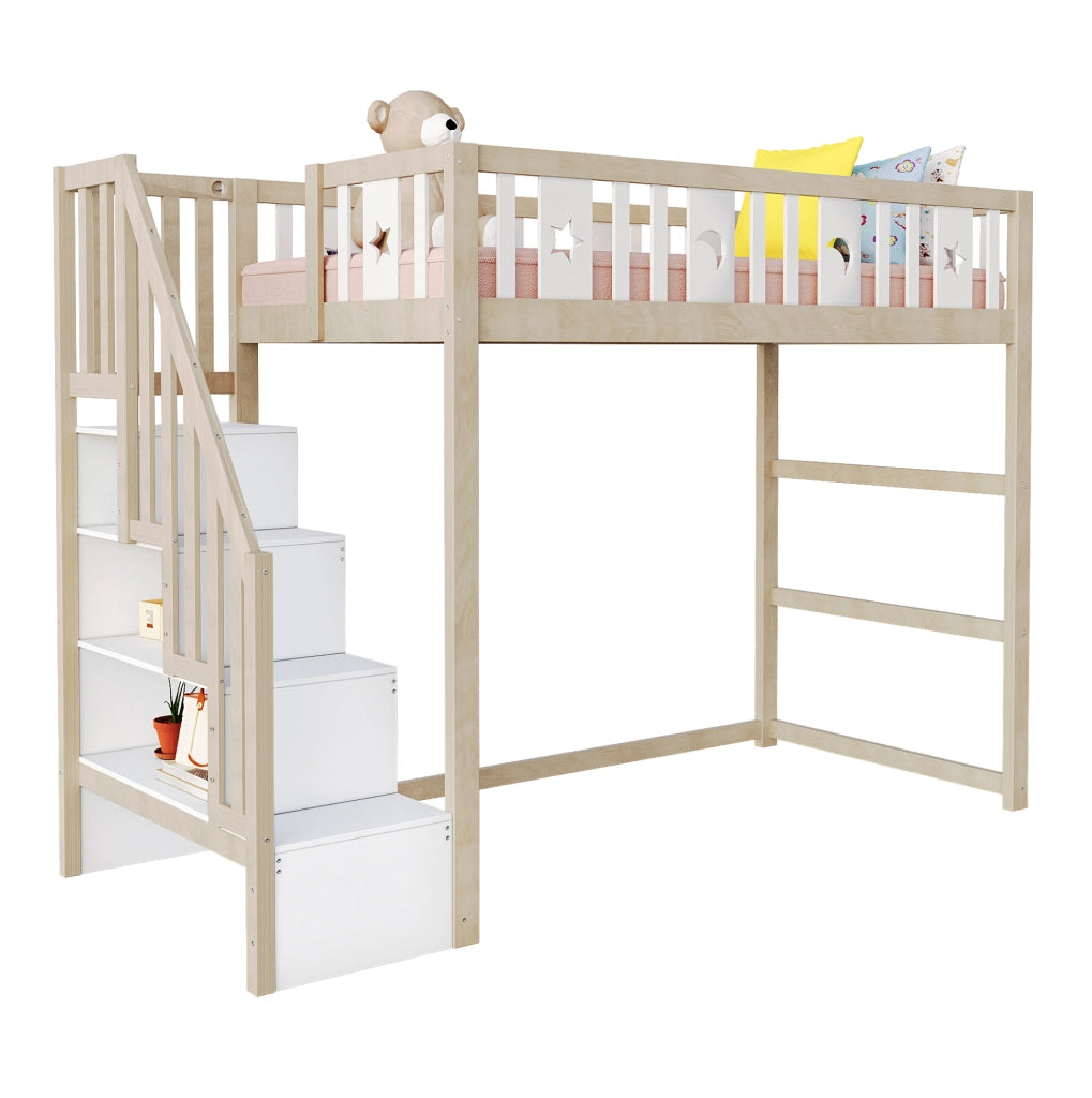 Letto a soppalco 90x200 cm con scala; ripiani e decori luna e stelle in legno naturale e bianco