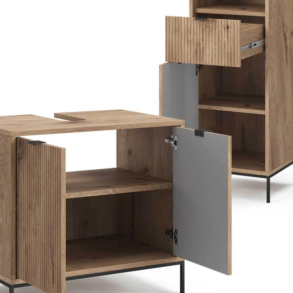 Set di mobili da bagno Eliza, Quercia vichinga, 70 cm, composto da mobile sottolavabo, specchiera, colonna, base media e pensile
