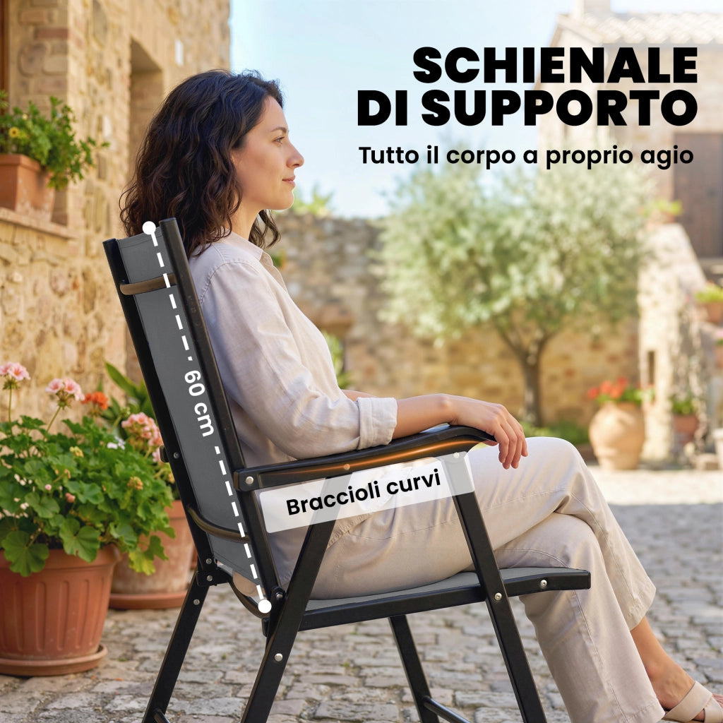 Set di 2 Sedie 58x62x97 cm Pieghevoli con Schienale Alto e Braccioli in Acciaio e Tessuto Grigio Chiaro