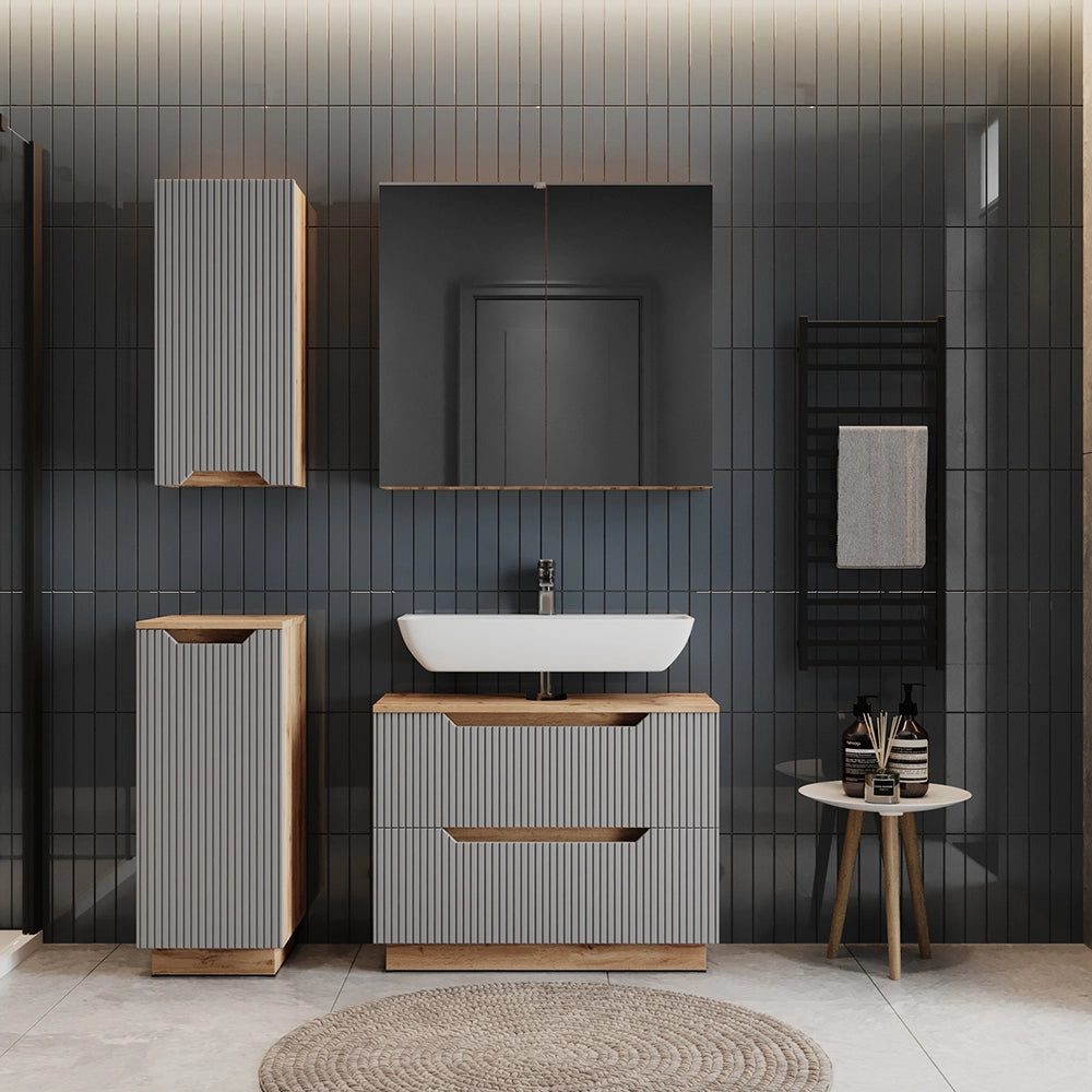 Vicco Set di mobili da bagno Rovere/grigio a righe 4 parti
