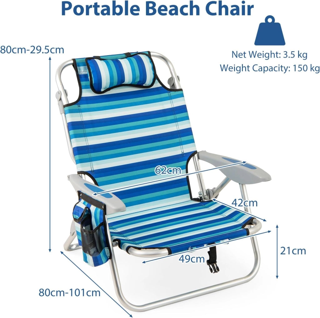 Sedia da spiaggia pieghevole, sedia da campeggio con schienale regolabile, poggiapolsi, tasche e braccioli, sdraio da esterno portatile per picnic, pesca (2)
