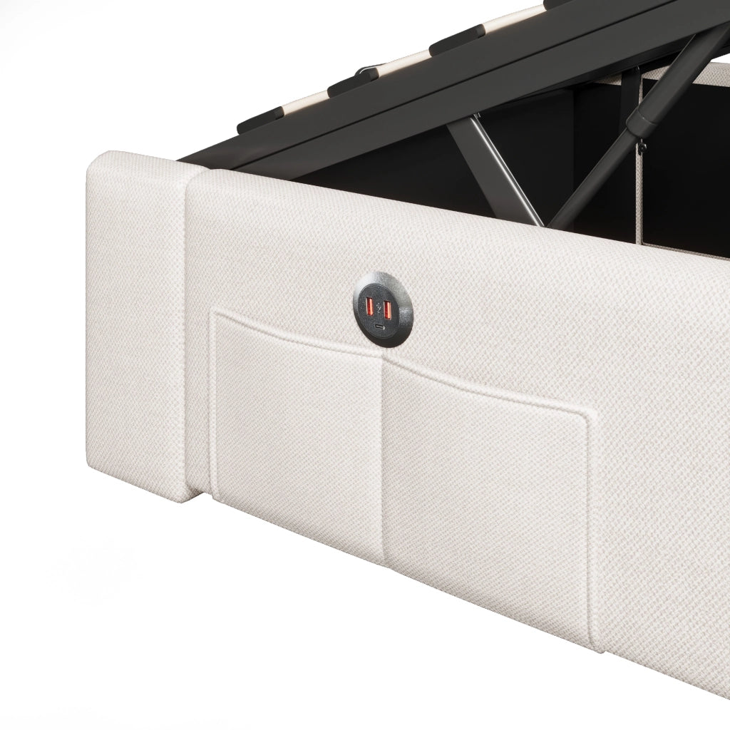 OKWISH Letto Singolo 90×200 cm con LED, USB, Type C e Contenitore, senza Materasso, in Lino, Beige