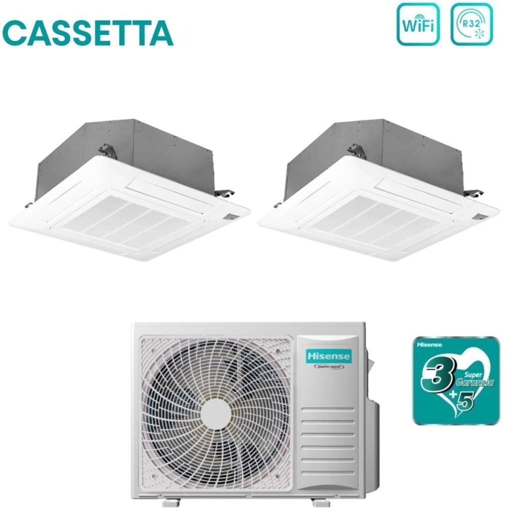 Climatizzatore Condizionatore Hisense Dual Split Inverter a Cassetta 18+18 con 4AMW81U4RJC R-32 Wi-Fi Optional 18000+18000 con Telecomando e Pannello Incluso