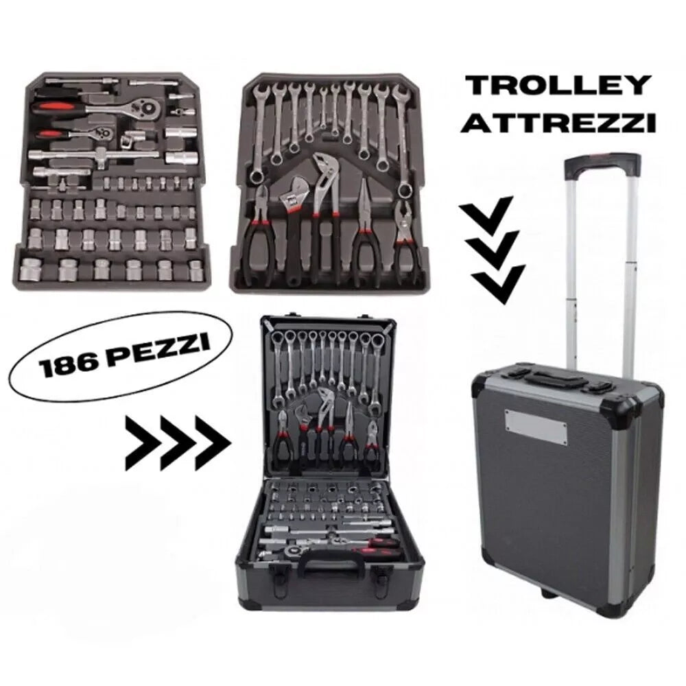 VALIGIA TROLLEY CASSETTA ATTREZZI DA LAVORO COMPLETA 186 PZ CHIAVI FISSE