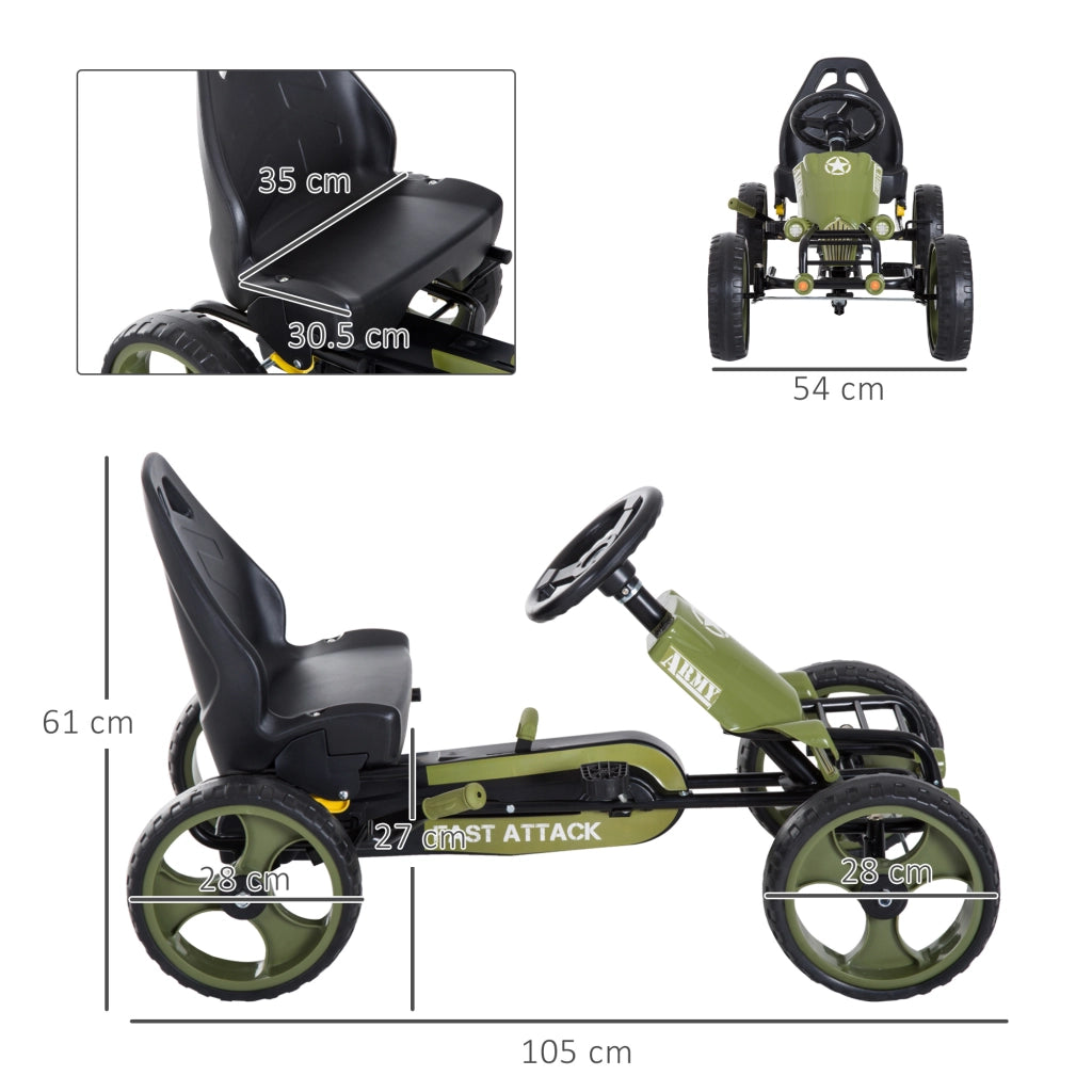 Go Kart a Pedali per Bambini da 3-6 Anni con Sedile Regolabile e Freno a Mano, Verde
