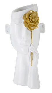 Vaso Face con Fiore 14x13x27 cm in Poliestere Bianco e Oro