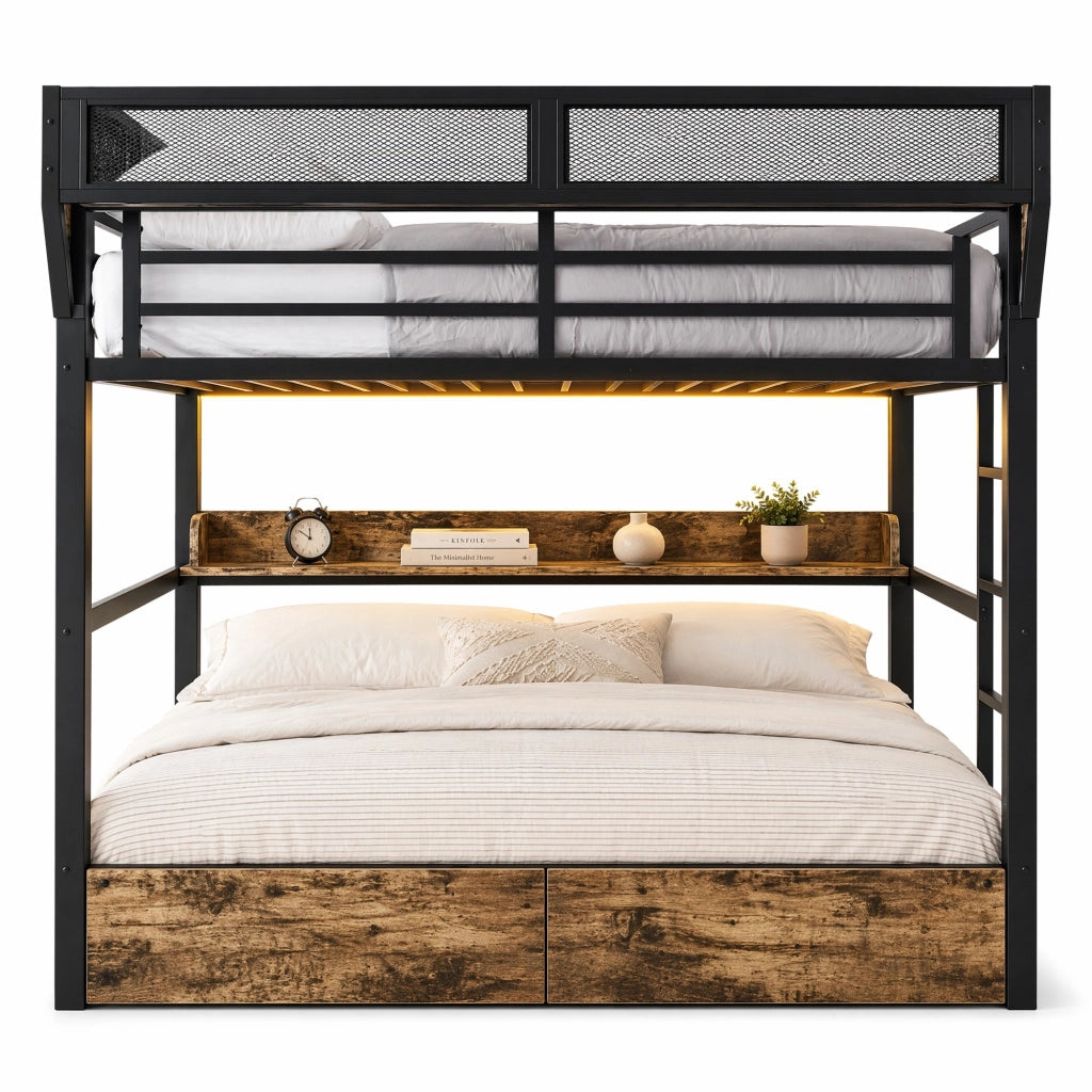 LETTO A CASTELLO 140x200 cm Metallo e MDF Nero con LED e 2 cassetti