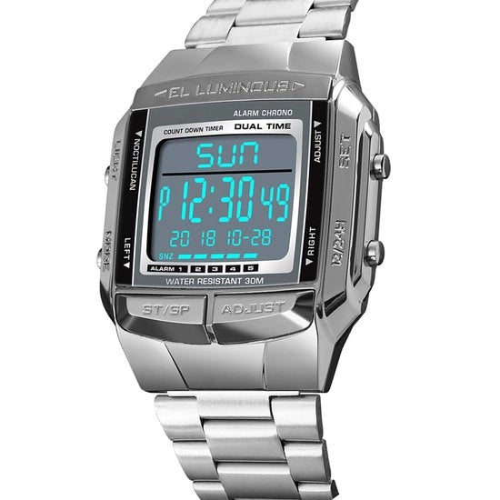 Orologio Uomo Analogo/Digitale - 3 ATM Resistente all'Acqua - Cinturino in Acciaio Inossidabile - Multifunzionale - 5 Allarmi - Illuminazione di Fondario - Orologio Sportivo