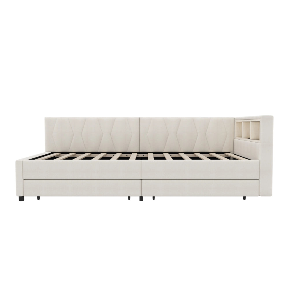 Letto singolo 90x200 cm beige in lino e MDF, LED USB Type C con 2 cassetti, senza materasso