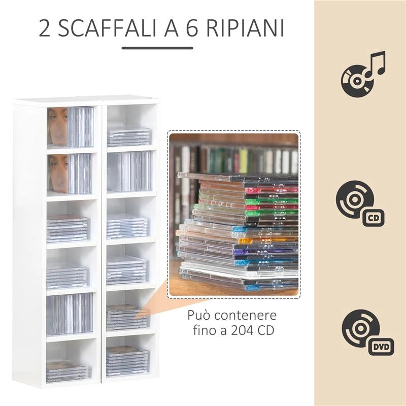 LIBRERIA SCAFFALE PORTA CD SET 2 PEZZI A 12 RIPIANI IN LEGNO 21X19.2X88.3 CM BIANCO