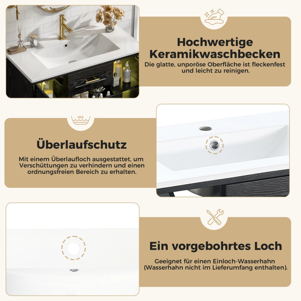Mobile sottolavabo da bagno con LED, 2 cassetti e ripiani regolabili, anta in vetro rigato, nero, 76 × 46 × 55 cm