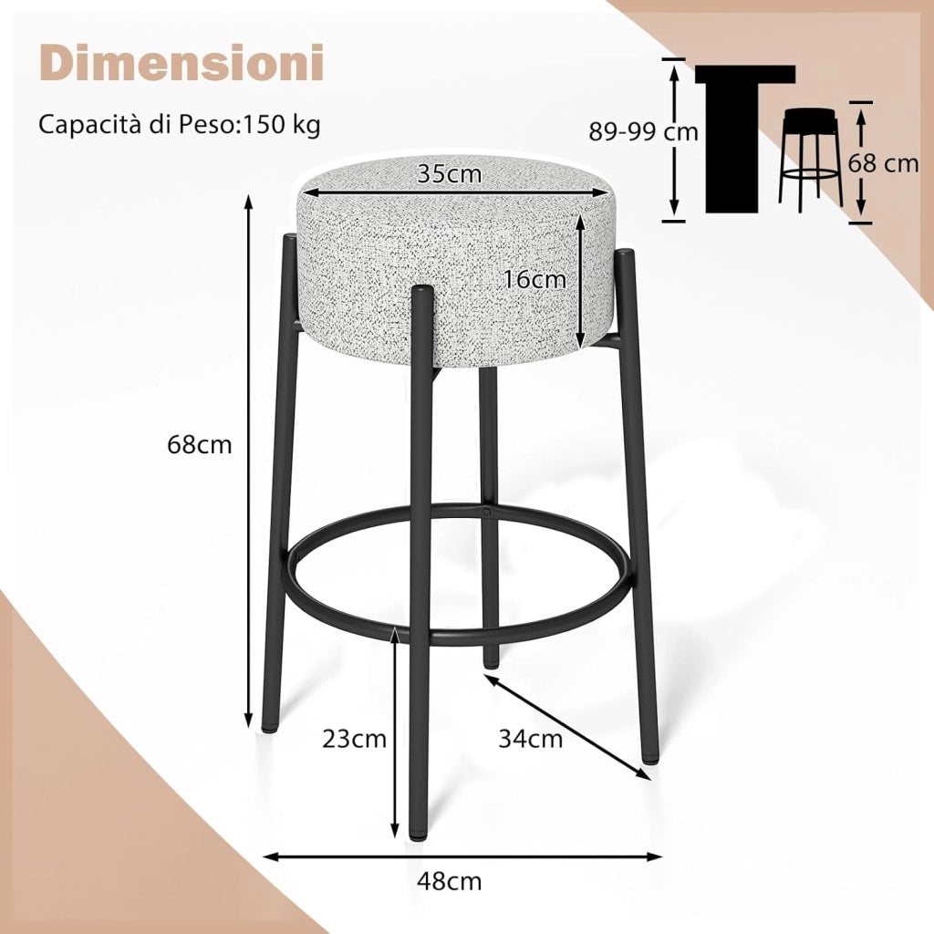COSTWA Sgabello da Bar 48 x 48 x 68 cm, Sedia da Pranzo con Seduta Imbottita e Base in Metallo, Sgabello Imbottito inTessuto di Lino per Isola della Cucina e Sala da Pranzo, Grigio