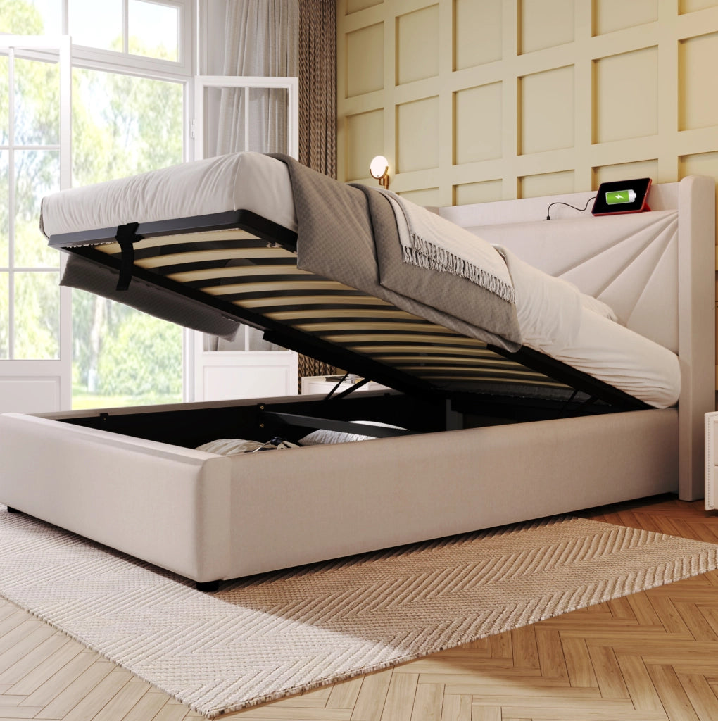 Letto imbottito 90x200 beige con contenitore, USB/Type-C e materasso H3