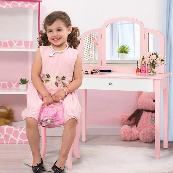Toeletta Trucco per Bambina, Specchiera Trittica per Ragazza in Legno Robusto con Sgabello e Cassetto, Postazione Trucco 2 in 1 per Cameretta e Cmera da Letto, 95x70x34cm(Rosa)