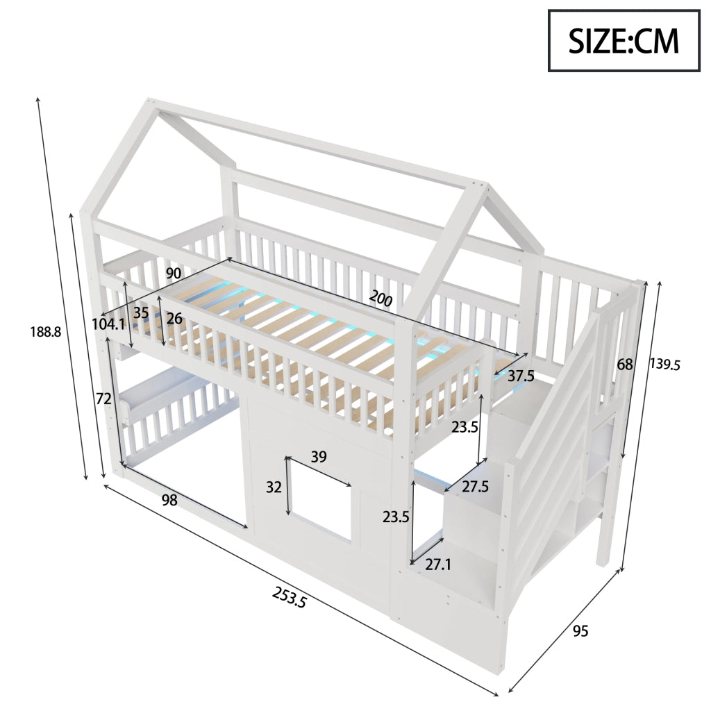 Letto a soppalco per bambini con LED; scala a 2 vani e finestra LEMONMAX; 90x200 cm; cabana mezza altezza; pino massiccio; bianco