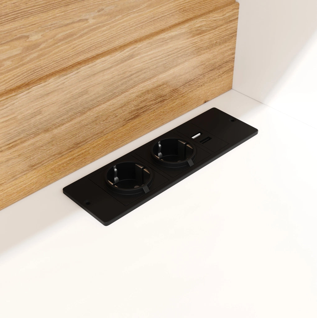 Credenza con illuminazione LED; portabottiglie e presa integrata in MDF bianco e naturale