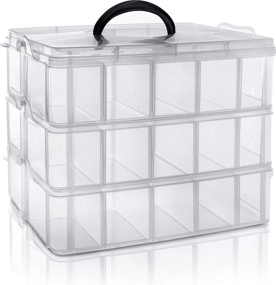 Scatola di Stoccaggio in Plastica Transparente, 3 Livelli, Compartimenti Adattabili, Massimo 30 Compartimenti, per l'Organizzazione di Giochi e Gioielli