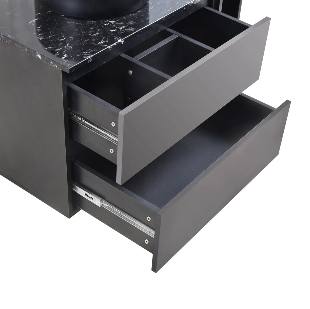 Mobile bagno ULEVR con lavabo rotondo nero in ceramica, cassetti e vano aperto, MDF nero e grigio