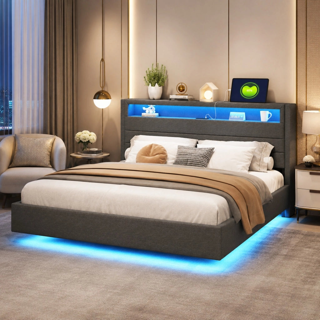 LETTO Imbottito 160x200 cm Grigio con USB e luci LED