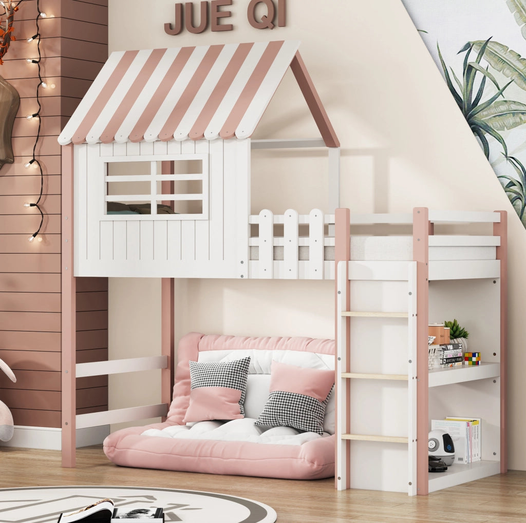 Letto a casetta per bambini 90x200 cm in legno massello; rosa